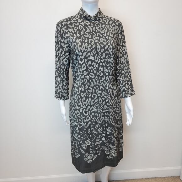 Vintage Liz Claiborne High Neck Floral Silk Dress Size 6 Dark Gray Geisha Chic - Picture 1 of 16